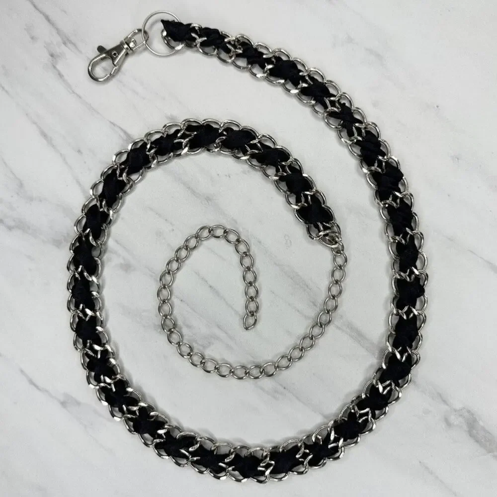 Black Ribbon Woven Silver Tone Chain Link Belt One Size (OS) ✨
